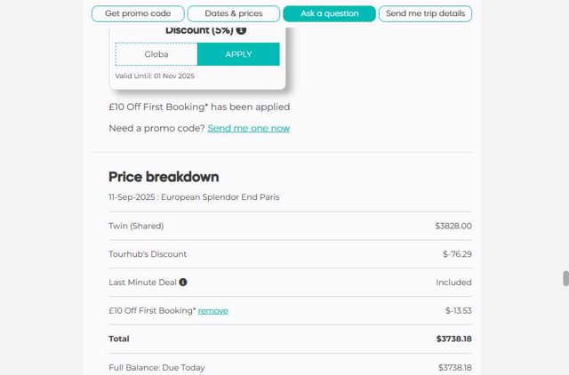 Tourhub checkout page showing Tourhub promo code box | Screenshot taken by SimplyCodes community member on Sep 1, 2025