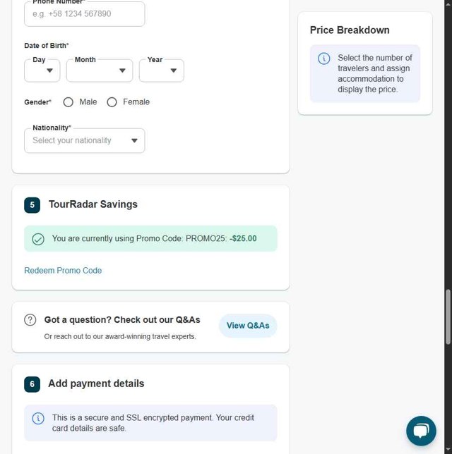 TourRadar checkout page showing TourRadar promo code box | Screenshot taken by SimplyCodes community member on May 22, 2025