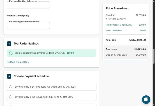 TourRadar checkout page showing TourRadar promo code box | Screenshot taken by SimplyCodes community member on May 9, 2025