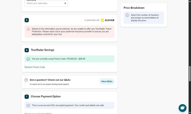 TourRadar checkout page showing TourRadar promo code box | Screenshot taken by SimplyCodes community member on Jun 26, 2025