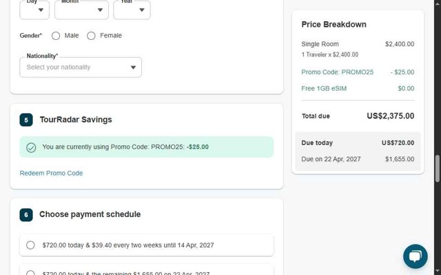 TourRadar checkout page showing TourRadar promo code box | Screenshot taken by SimplyCodes community member on Sep 3, 2025