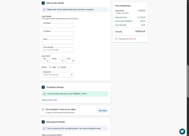TourRadar checkout page showing TourRadar promo code box | Screenshot taken by SimplyCodes community member on Jun 20, 2025