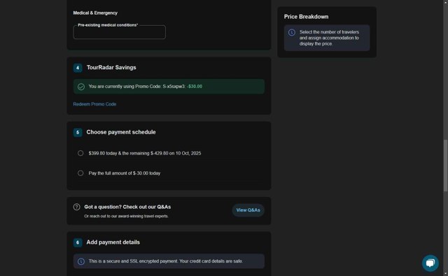 TourRadar checkout page showing TourRadar promo code box | Screenshot taken by SimplyCodes community member on May 9, 2025