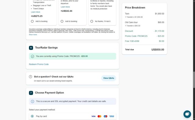 TourRadar checkout page showing TourRadar promo code box | Screenshot taken by SimplyCodes community member on Jul 17, 2025