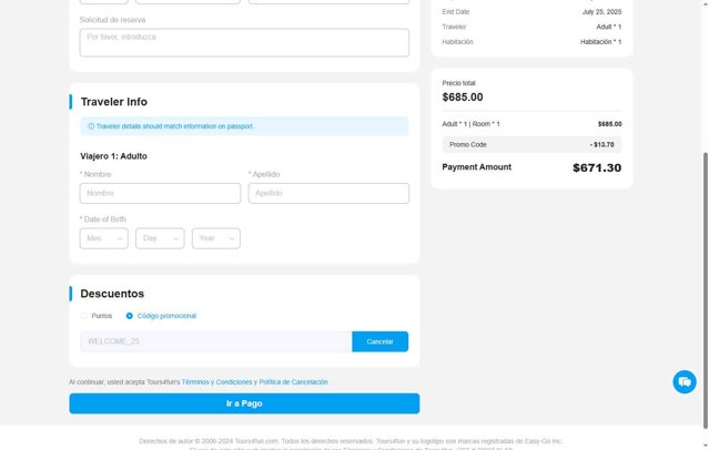 Tours4Fun checkout page showing Tours4Fun promo code box | Screenshot taken by SimplyCodes community member on Jul 3, 2025