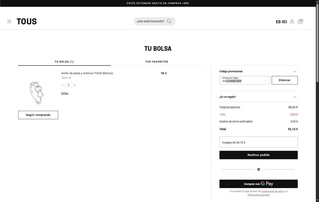 TOUS checkout page showing TOUS promo code box | Screenshot taken by SimplyCodes community member on Aug 28, 2025