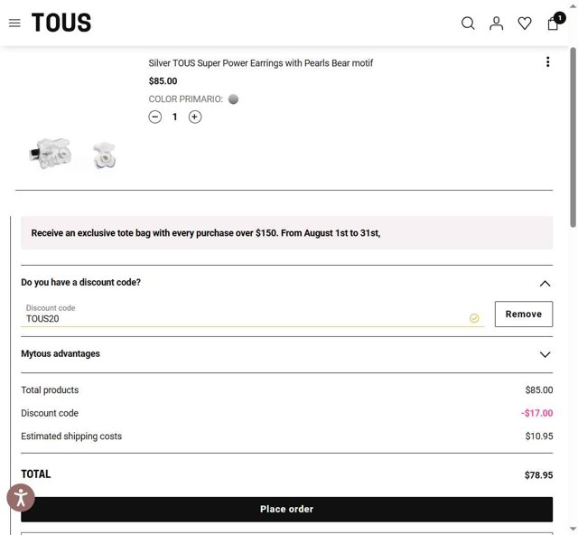 TOUS checkout page showing TOUS promo code box | Screenshot taken by SimplyCodes community member on Aug 9, 2025