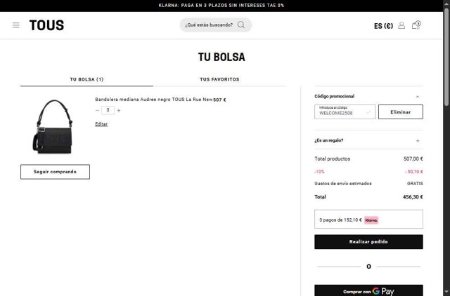 TOUS checkout page showing TOUS promo code box | Screenshot taken by SimplyCodes community member on Aug 28, 2025