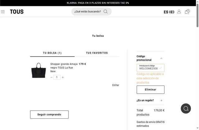 TOUS checkout page showing TOUS promo code box | Screenshot taken by SimplyCodes community member on Aug 28, 2025