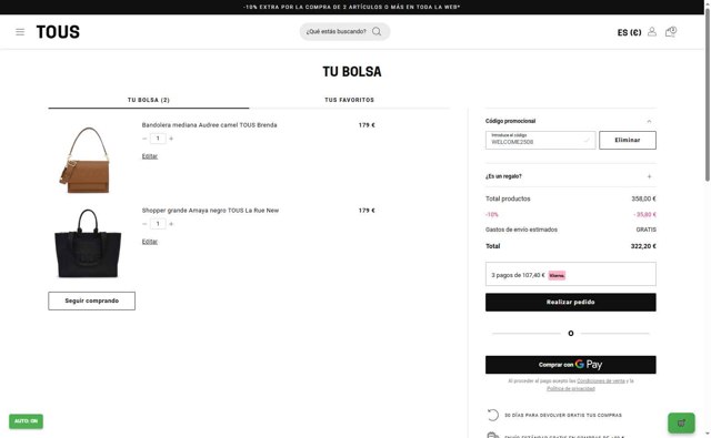 TOUS checkout page showing TOUS promo code box | Screenshot taken by SimplyCodes community member on Sep 1, 2025