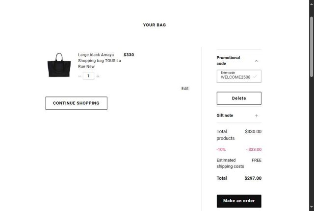 TOUS checkout page showing TOUS promo code box | Screenshot taken by SimplyCodes community member on Aug 28, 2025