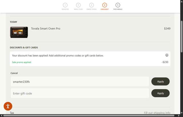 Tovala checkout page showing Tovala promo code box | Screenshot taken by SimplyCodes community member on Sep 15, 2025