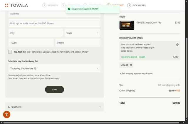 Tovala checkout page showing Tovala promo code box | Screenshot taken by SimplyCodes community member on Sep 15, 2025