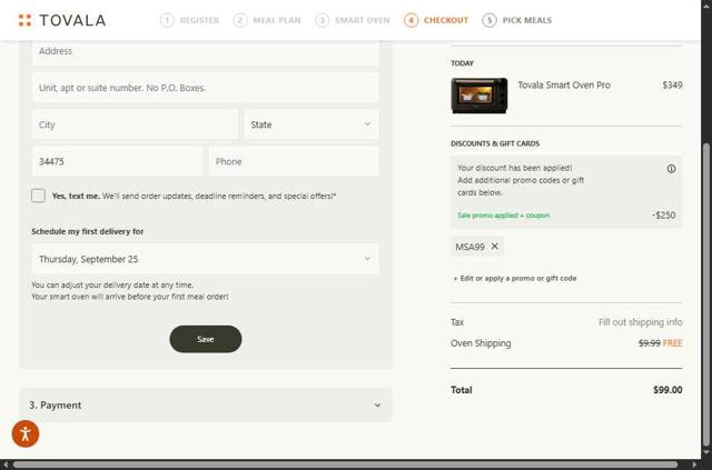 Tovala checkout page showing Tovala promo code box | Screenshot taken by SimplyCodes community member on Sep 11, 2025