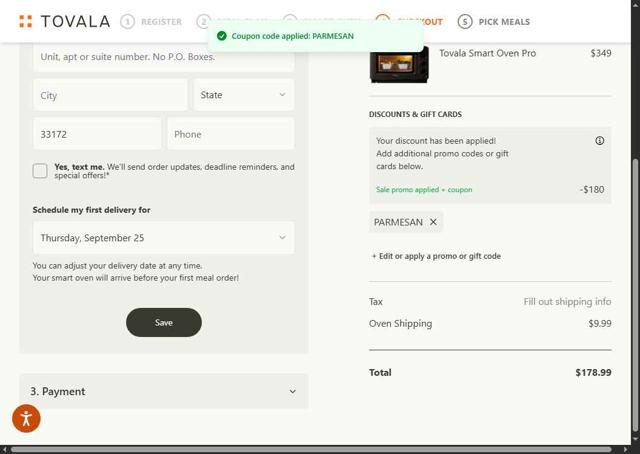 Tovala checkout page showing Tovala promo code box | Screenshot taken by SimplyCodes community member on Sep 16, 2025