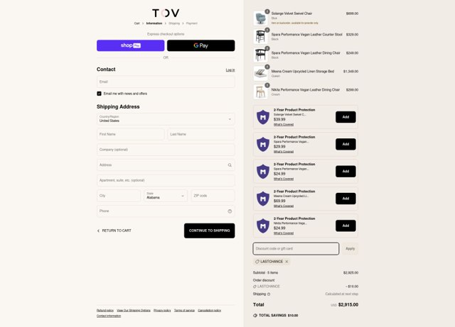 TOV Furniture checkout page showing TOV Furniture discount code box | Screenshot taken by SimplyCodes community member on May 16, 2025