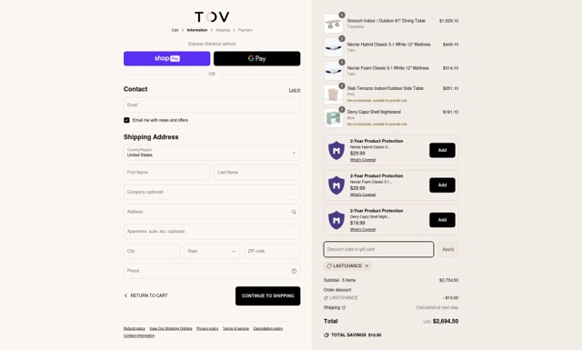TOV Furniture checkout page showing TOV Furniture discount code box | Screenshot taken by SimplyCodes community member on Mar 31, 2025