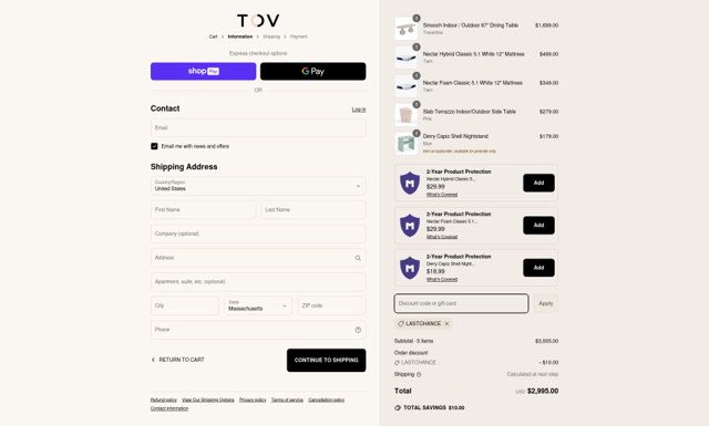 TOV Furniture checkout page showing TOV Furniture discount code box | Screenshot taken by SimplyCodes community member on Apr 20, 2025