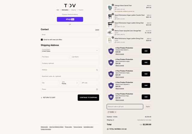 TOV Furniture checkout page showing TOV Furniture discount code box | Screenshot taken by SimplyCodes community member on May 29, 2025