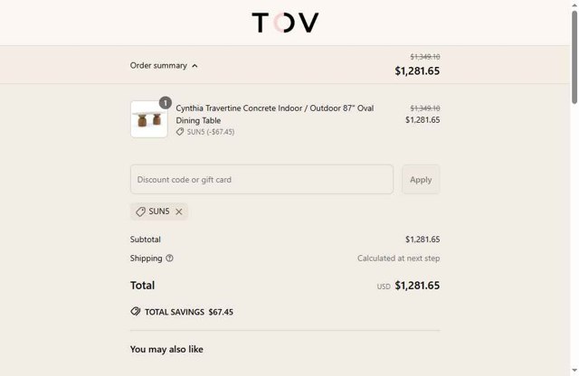 TOV Furniture checkout page showing TOV Furniture discount code box | Screenshot taken by SimplyCodes community member on May 27, 2025
