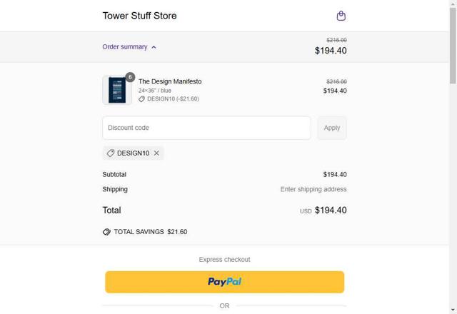 Tower checkout page showing Tower promo code box | Screenshot taken by SimplyCodes community member on May 5, 2025