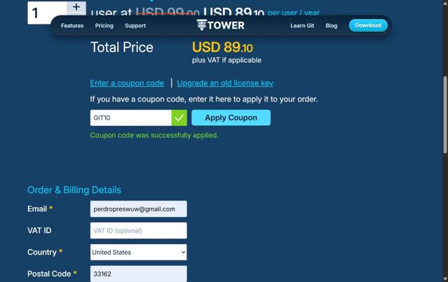 Tower checkout page showing Tower promo code box | Screenshot taken by SimplyCodes community member on May 8, 2025