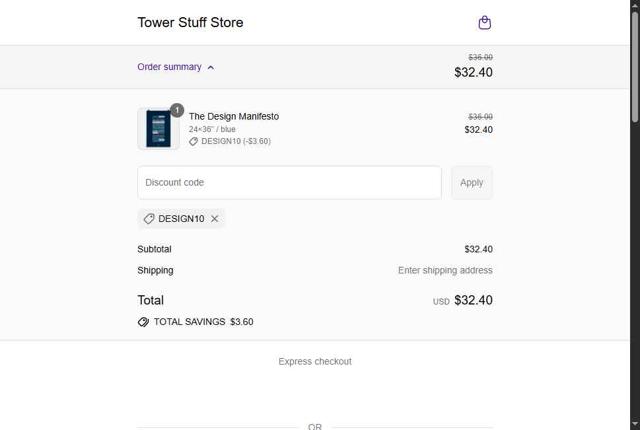 Tower checkout page showing Tower promo code box | Screenshot taken by SimplyCodes community member on Sep 15, 2025