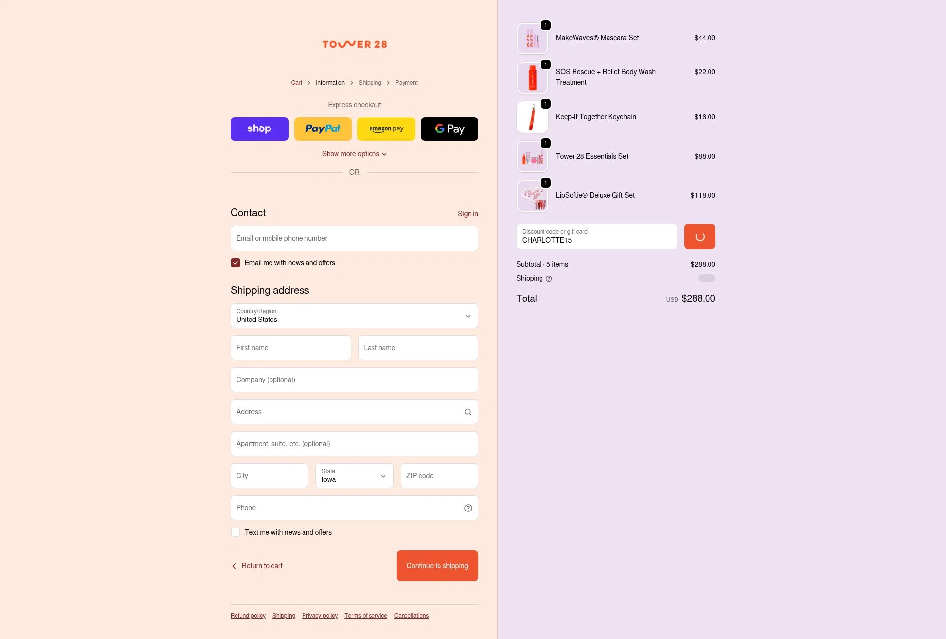Tower 28 Beauty checkout page showing Tower 28 Beauty promo code box | Screenshot taken by SimplyCodes community member on Feb 15, 2026