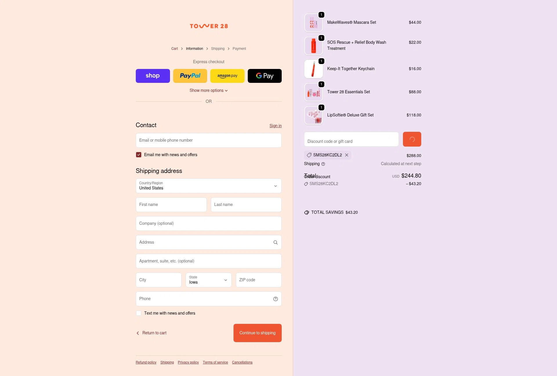 Tower 28 Beauty checkout page showing Tower 28 Beauty promo code box | Screenshot taken by SimplyCodes community member on Feb 15, 2026