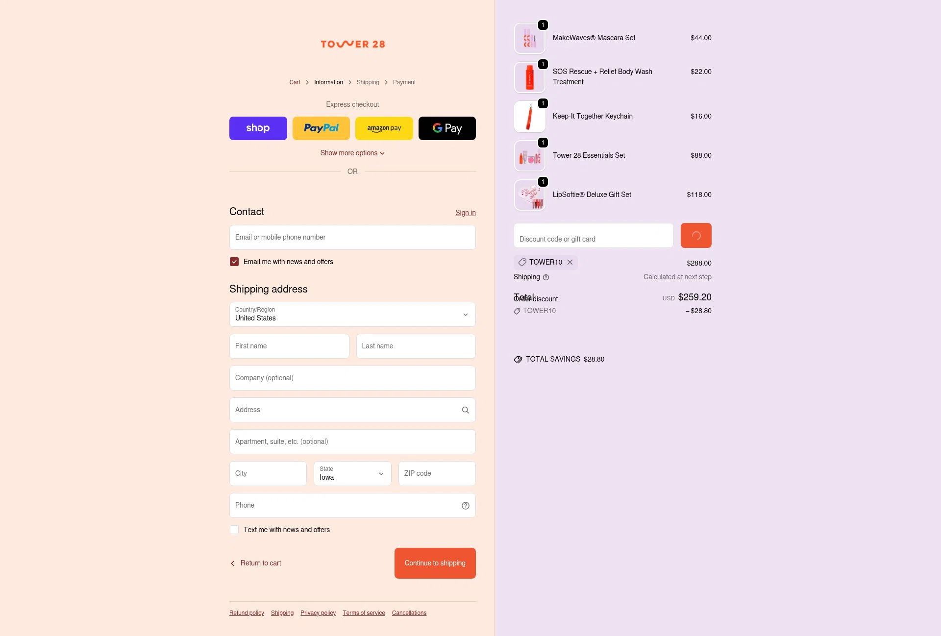 Tower 28 Beauty checkout page showing Tower 28 Beauty promo code box | Screenshot taken by SimplyCodes community member on Feb 15, 2026