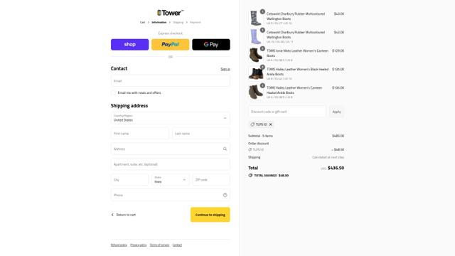 TOWER London checkout page showing TOWER London discount code box | Screenshot taken by SimplyCodes community member on Sep 14, 2025