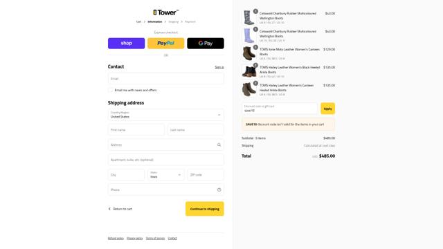 TOWER London checkout page showing TOWER London discount code box | Screenshot taken by SimplyCodes community member on Sep 14, 2025
