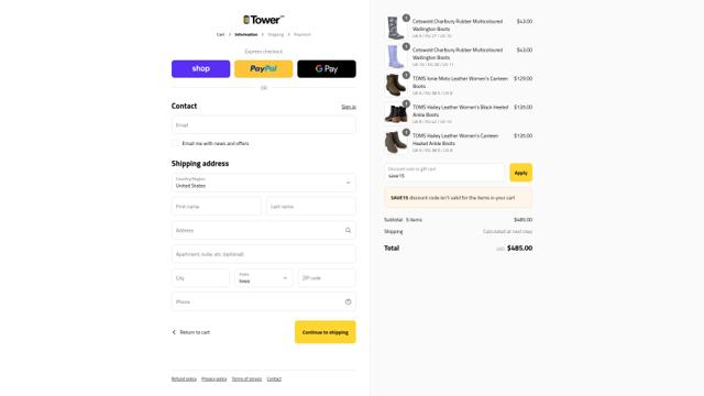 TOWER London checkout page showing TOWER London discount code box | Screenshot taken by SimplyCodes community member on Sep 14, 2025