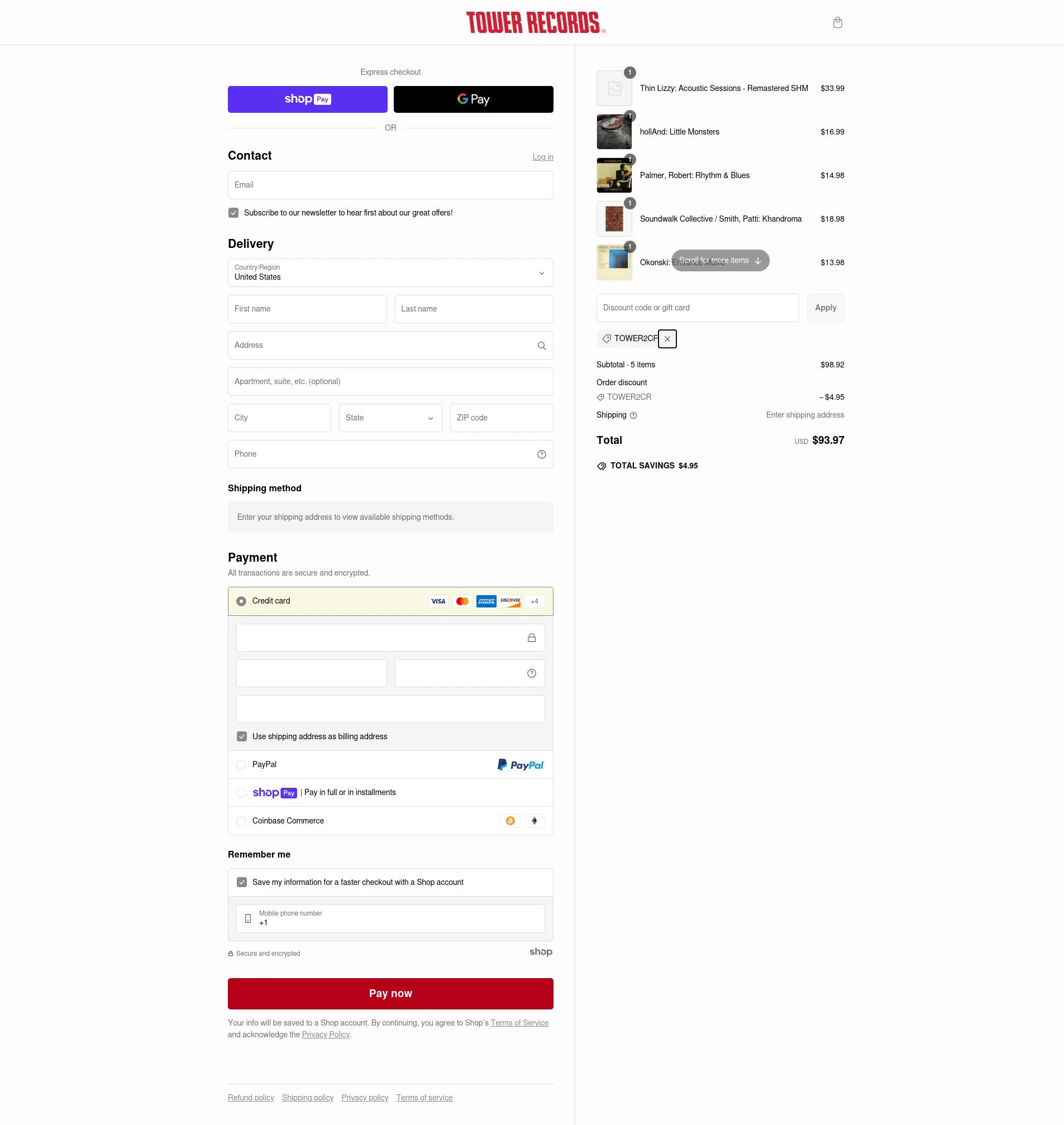Tower Records checkout page showing Tower Records discount code box | Screenshot taken by SimplyCodes community member on Feb 12, 2025