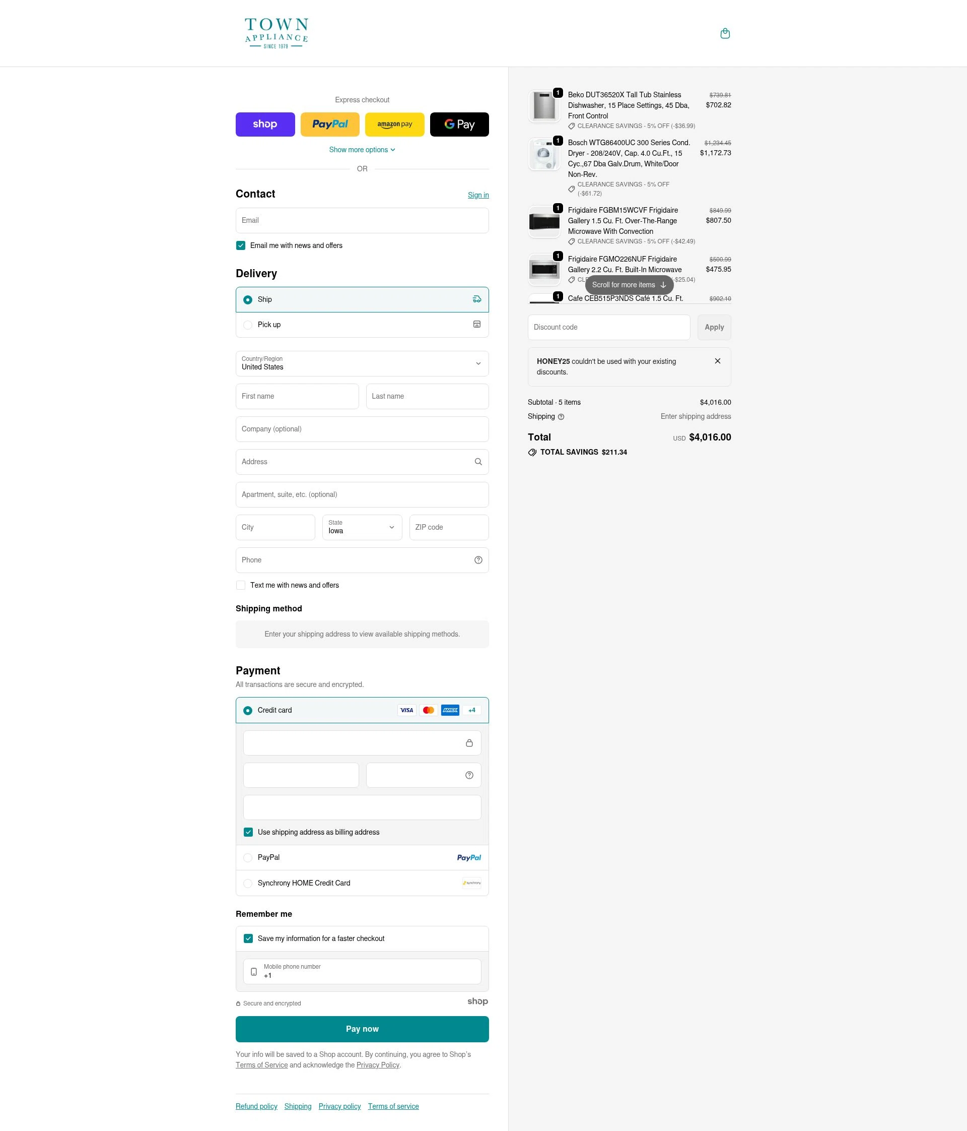 Town Appliance checkout page showing Town Appliance coupon code box | Screenshot taken by SimplyCodes community member on Jan 2, 2026