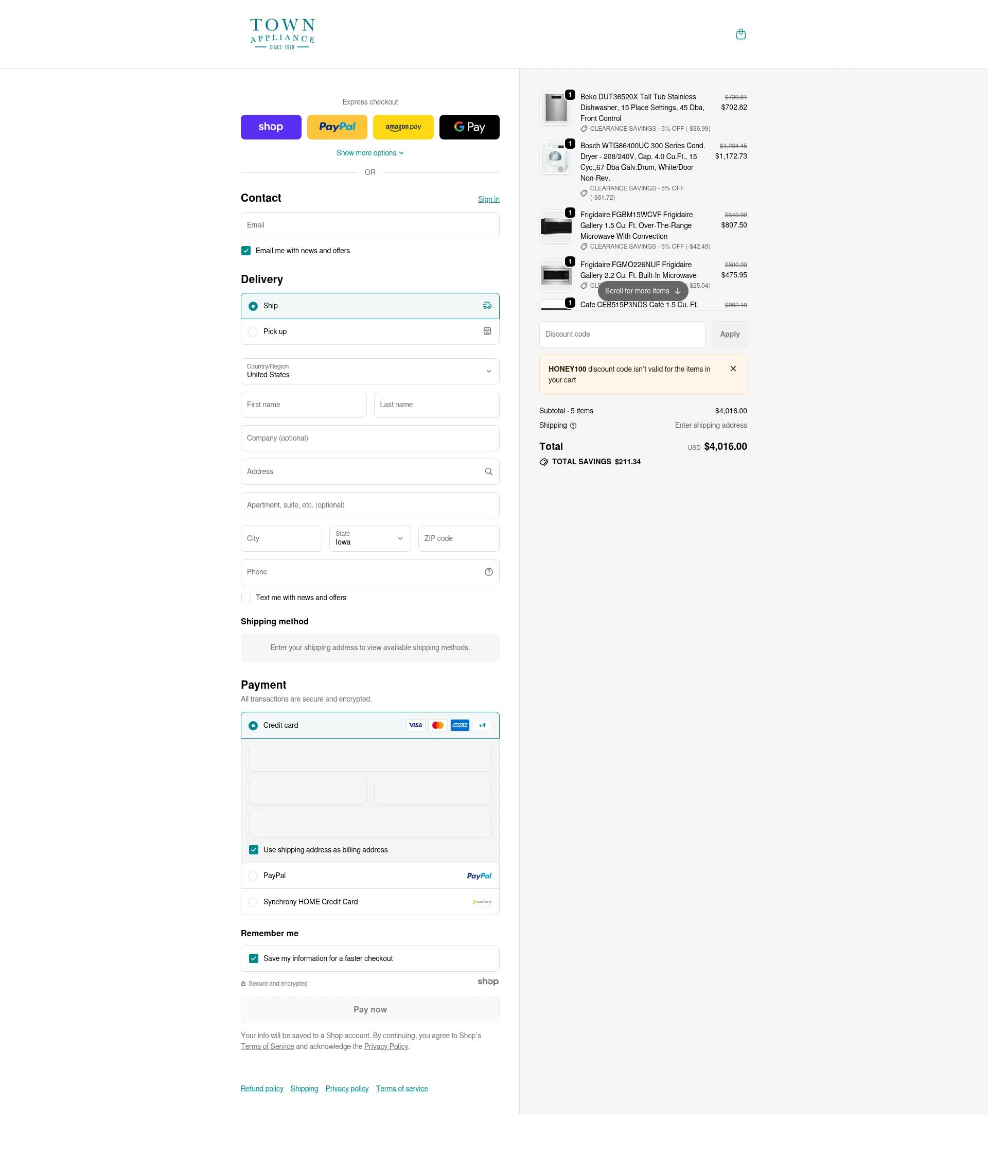Town Appliance checkout page showing Town Appliance coupon code box | Screenshot taken by SimplyCodes community member on Jan 7, 2026