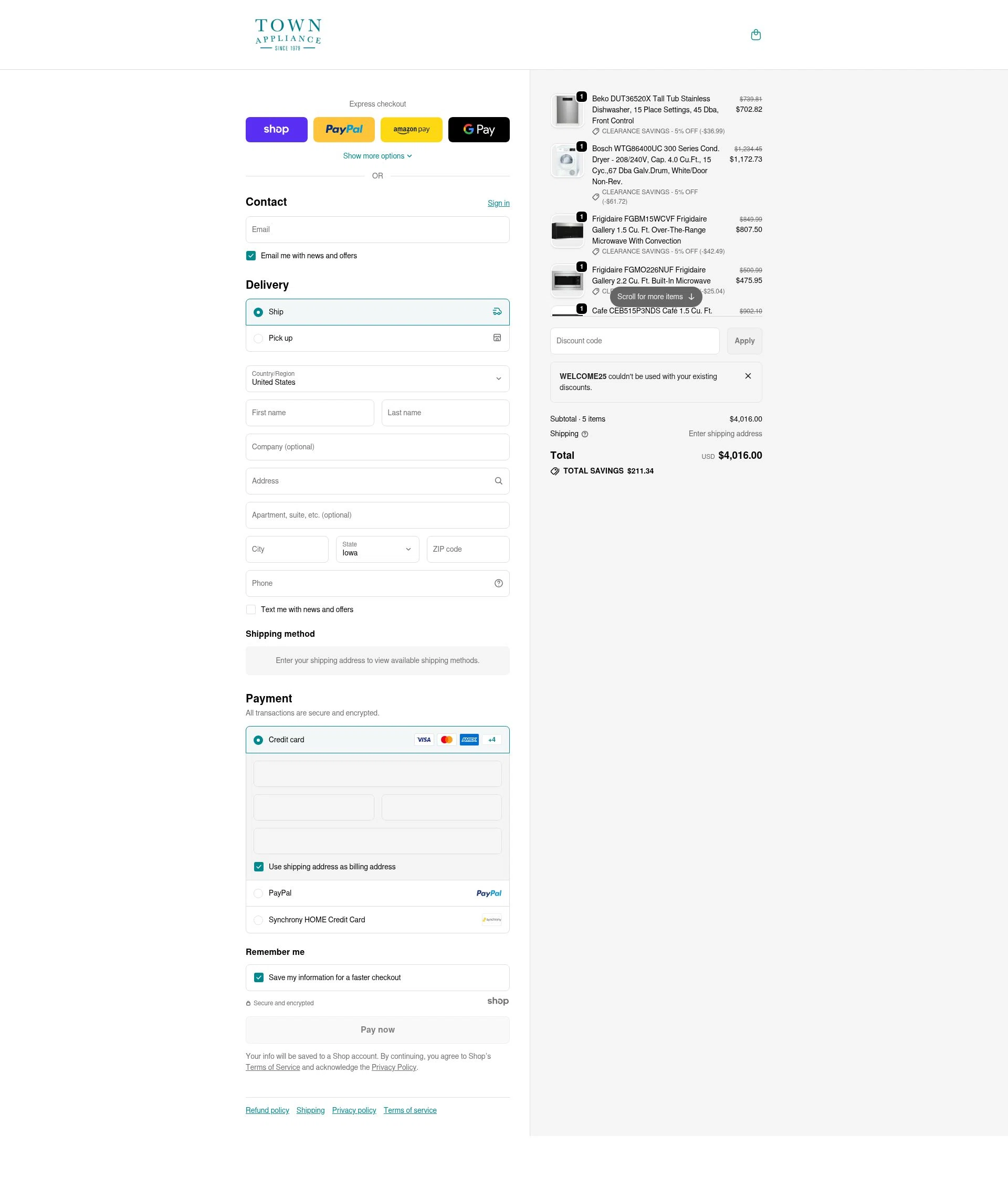 Town Appliance checkout page showing Town Appliance coupon code box | Screenshot taken by SimplyCodes community member on Jan 7, 2026