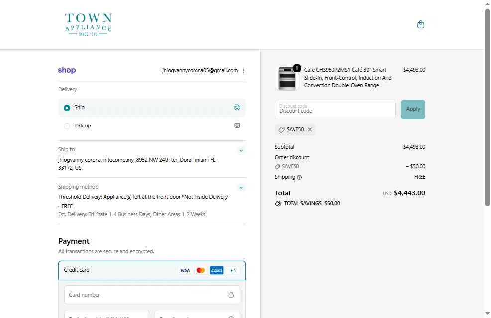 Town Appliance checkout page showing Town Appliance coupon code box | Screenshot taken by SimplyCodes community member on Jan 2, 2026
