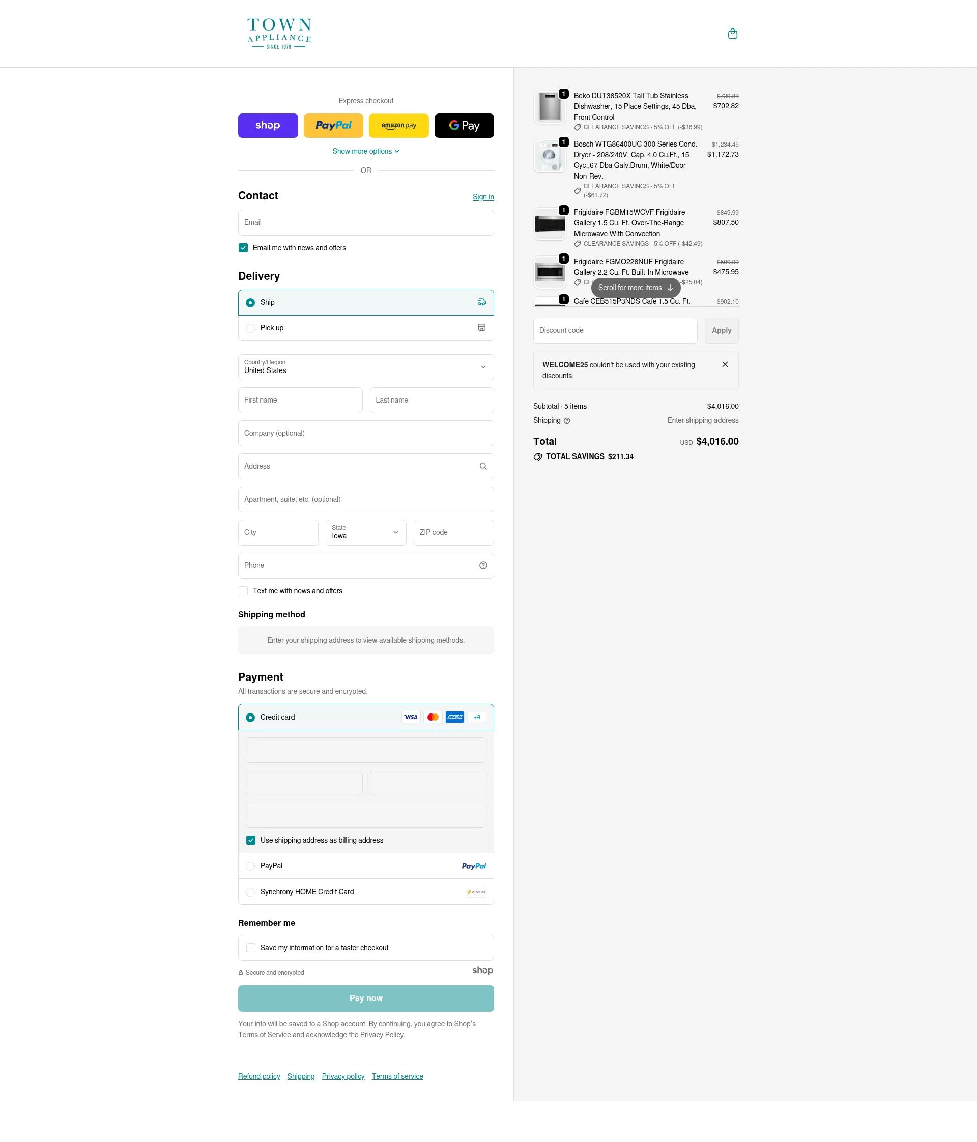 Town Appliance checkout page showing Town Appliance coupon code box | Screenshot taken by SimplyCodes community member on Jan 2, 2026