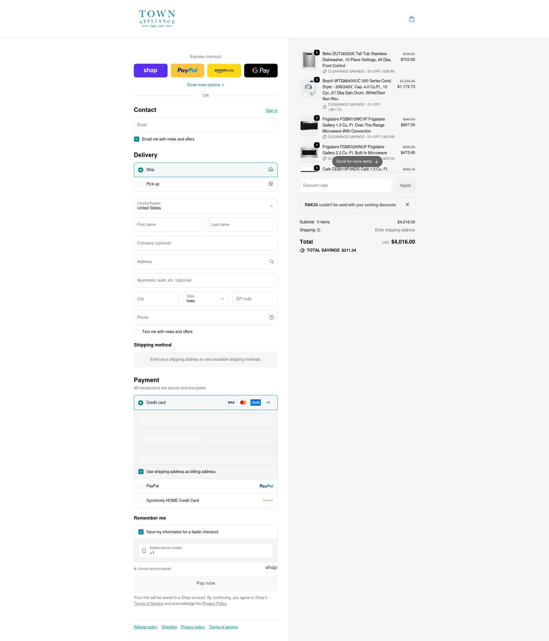 Town Appliance checkout page showing Town Appliance coupon code box | Screenshot taken by SimplyCodes community member on Jan 7, 2026