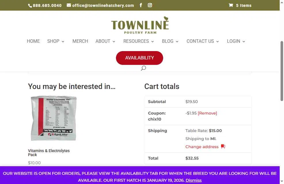 Townline Poultry Farm checkout page showing Townline Poultry Farm promo code box | Screenshot taken by SimplyCodes community member on Dec 26, 2025