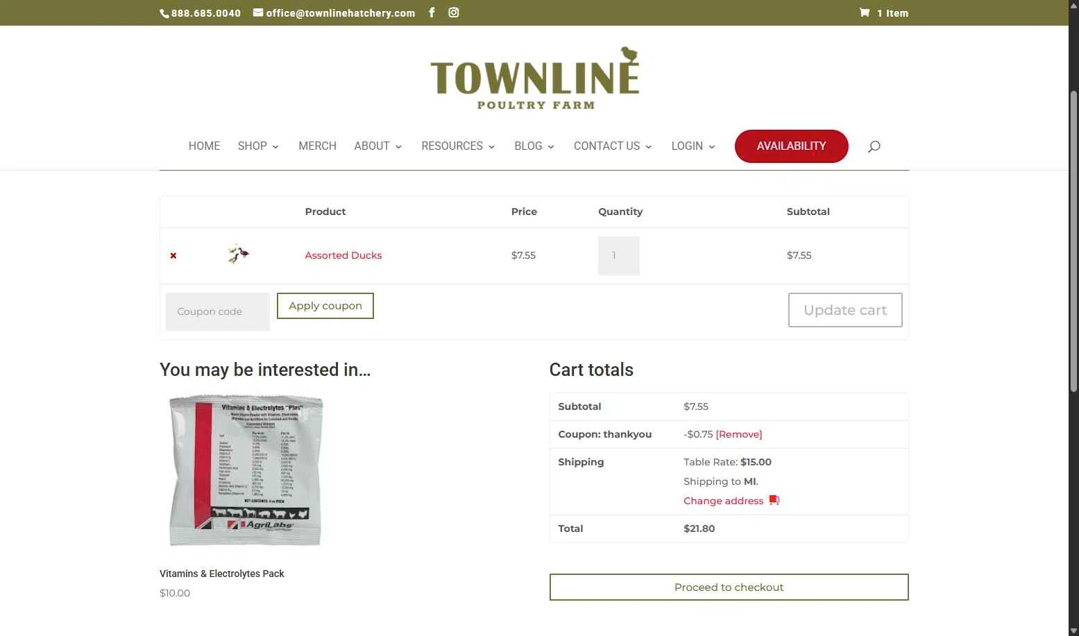 Townline Poultry Farm checkout page showing Townline Poultry Farm promo code box | Screenshot taken by SimplyCodes community member on Dec 26, 2025