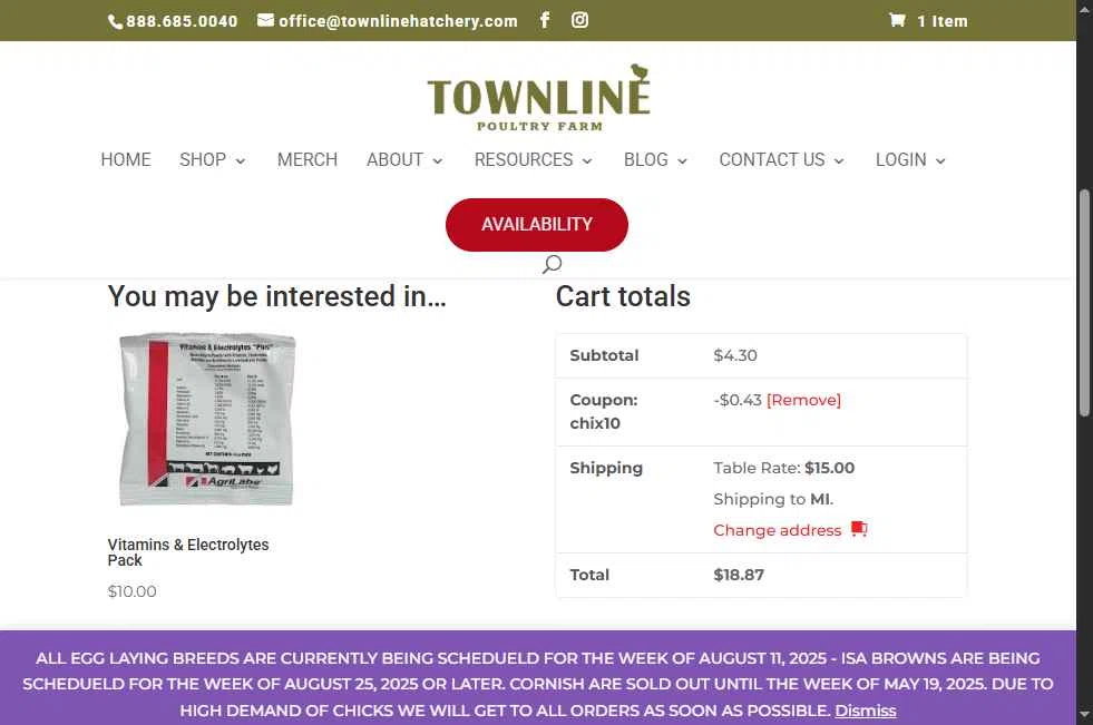 Townline Poultry Farm checkout page showing Townline Poultry Farm promo code box | Screenshot taken by SimplyCodes community member on Apr 21, 2025