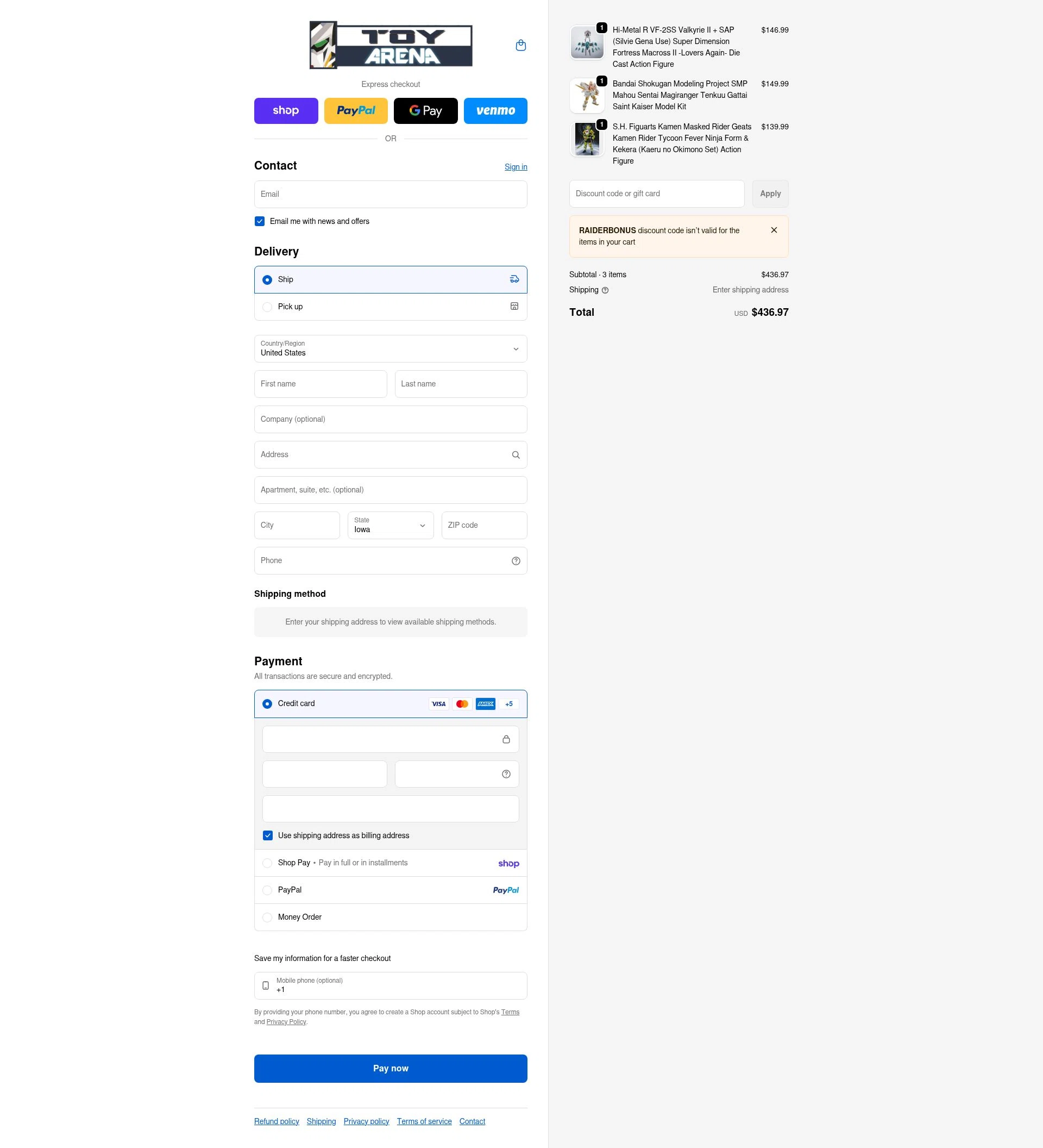 ToyArena checkout page showing ToyArena discount code box | Screenshot taken by SimplyCodes community member on Jan 30, 2026