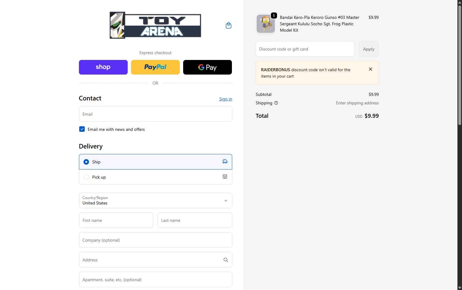 ToyArena checkout page showing ToyArena discount code box | Screenshot taken by SimplyCodes community member on Jan 26, 2026