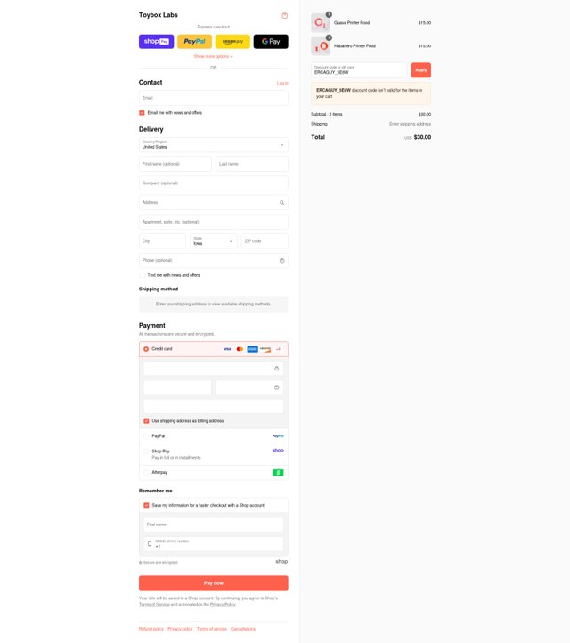 Toybox Labs checkout page showing Toybox Labs coupon code box | Screenshot taken by SimplyCodes community member on Aug 20, 2025