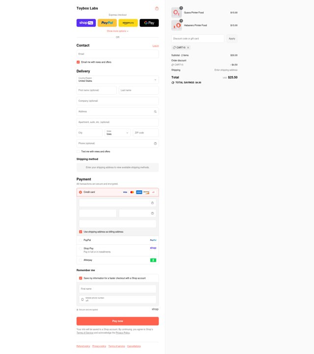 Toybox Labs checkout page showing Toybox Labs coupon code box | Screenshot taken by SimplyCodes community member on Aug 28, 2025