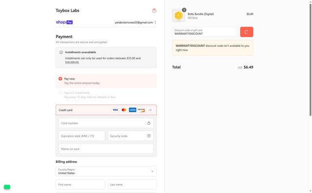 Toybox Labs checkout page showing Toybox Labs coupon code box | Screenshot taken by SimplyCodes community member on Aug 6, 2025