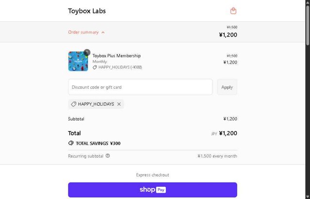 Toybox Labs checkout page showing Toybox Labs coupon code box | Screenshot taken by SimplyCodes community member on Aug 17, 2025