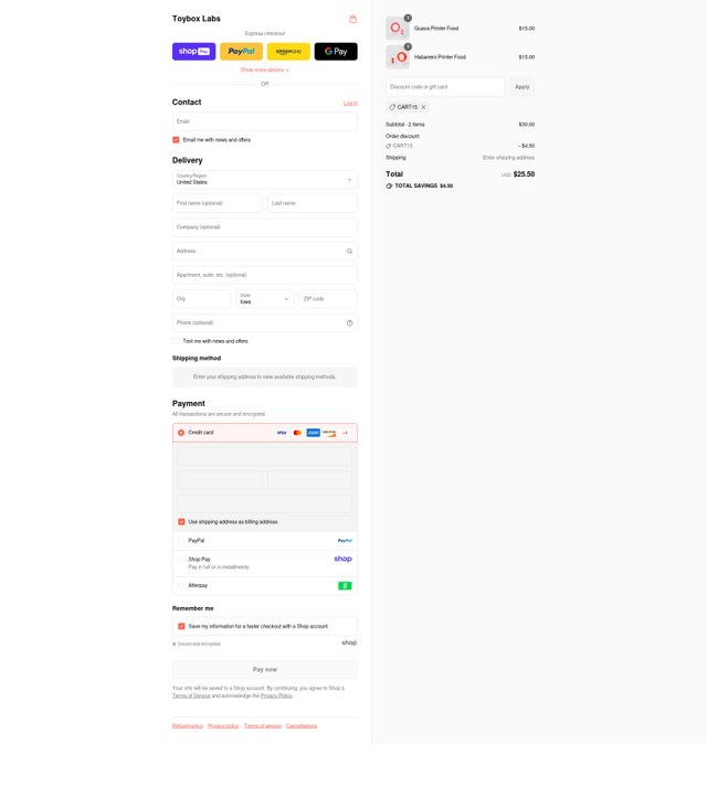 Toybox Labs checkout page showing Toybox Labs coupon code box | Screenshot taken by SimplyCodes community member on Aug 15, 2025